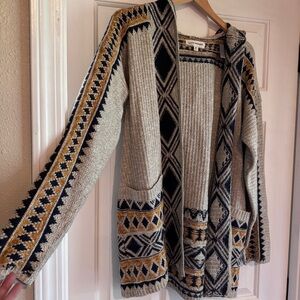 Lucky Brand Geometric Hooded Cardigan - Cream, Black, Gold